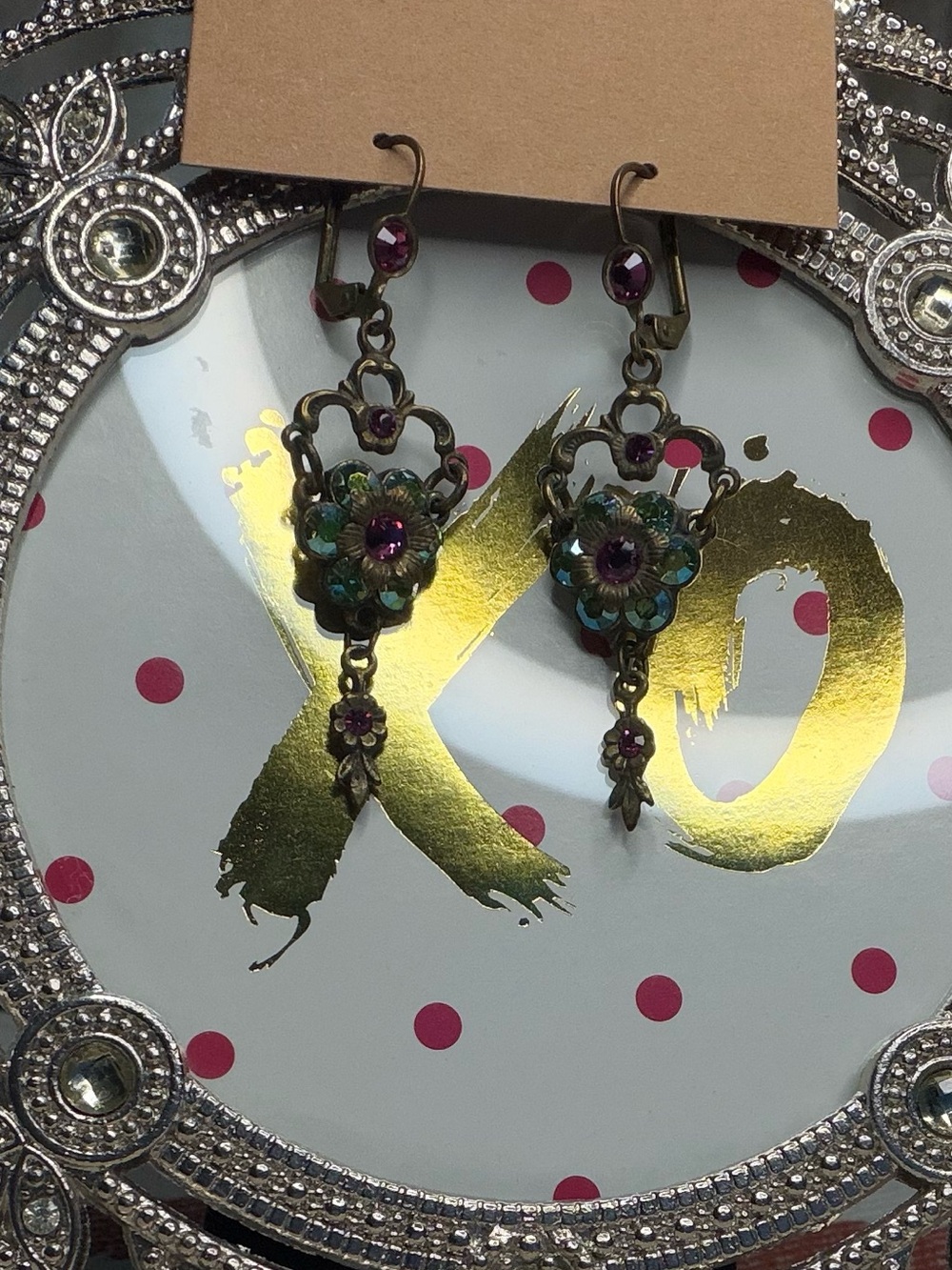 Victorian Revival Chandelier Drop Earrings Jewel Tone Floral Crystal Bronze EUC